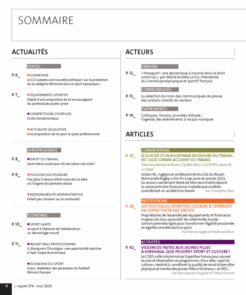 Première page du sommaire de Jurisport n°274 présentant les actualités, la jurisprudence, l’économie du sport et les principaux articles du numéro.