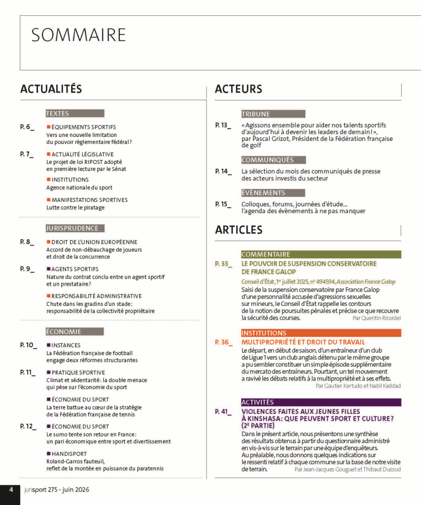 Première page du sommaire de Jurisport n°275 présentant les actualités juridiques, économiques et institutionnelles du sport ainsi que les principaux articles du numéro.