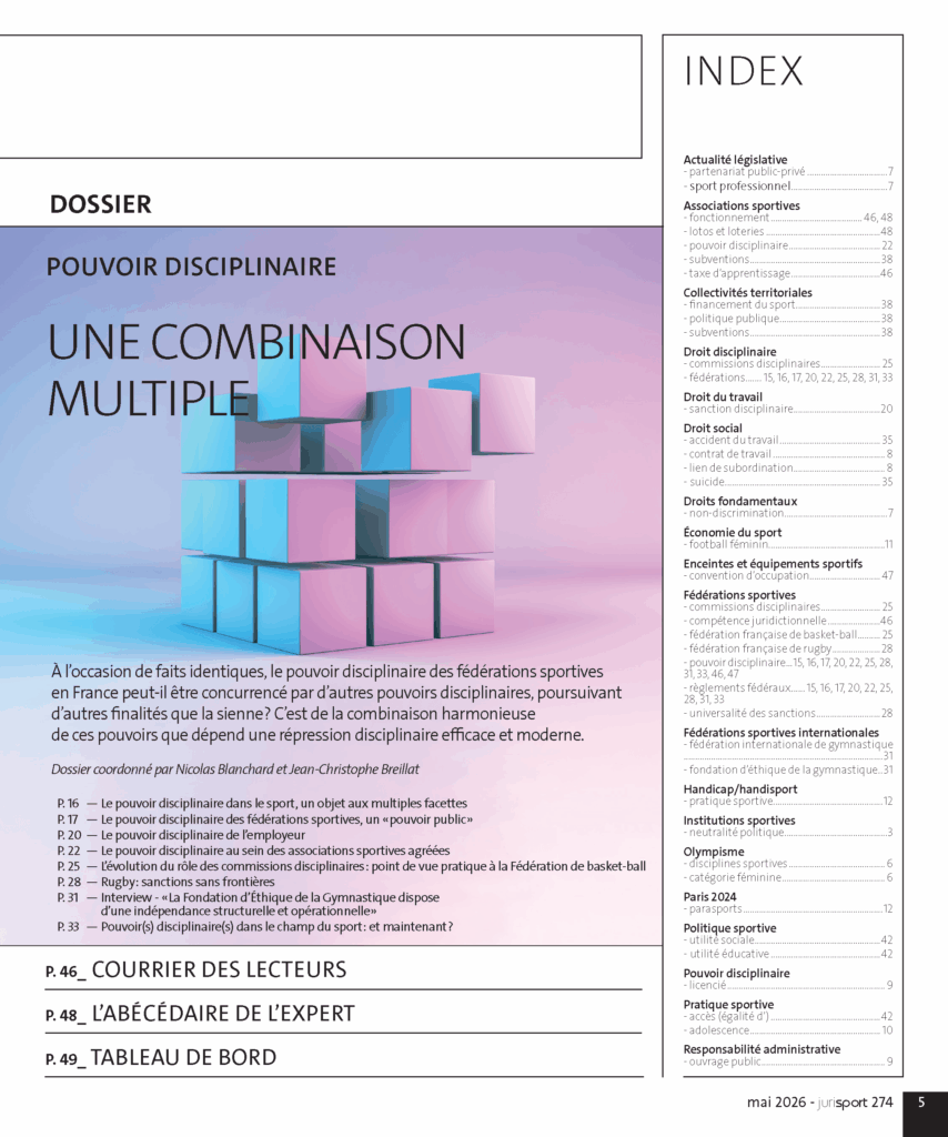 Seconde page du sommaire de Jurisport n°274 détaillant le dossier consacré au pouvoir disciplinaire dans le sport ainsi que l’index thématique du numéro.