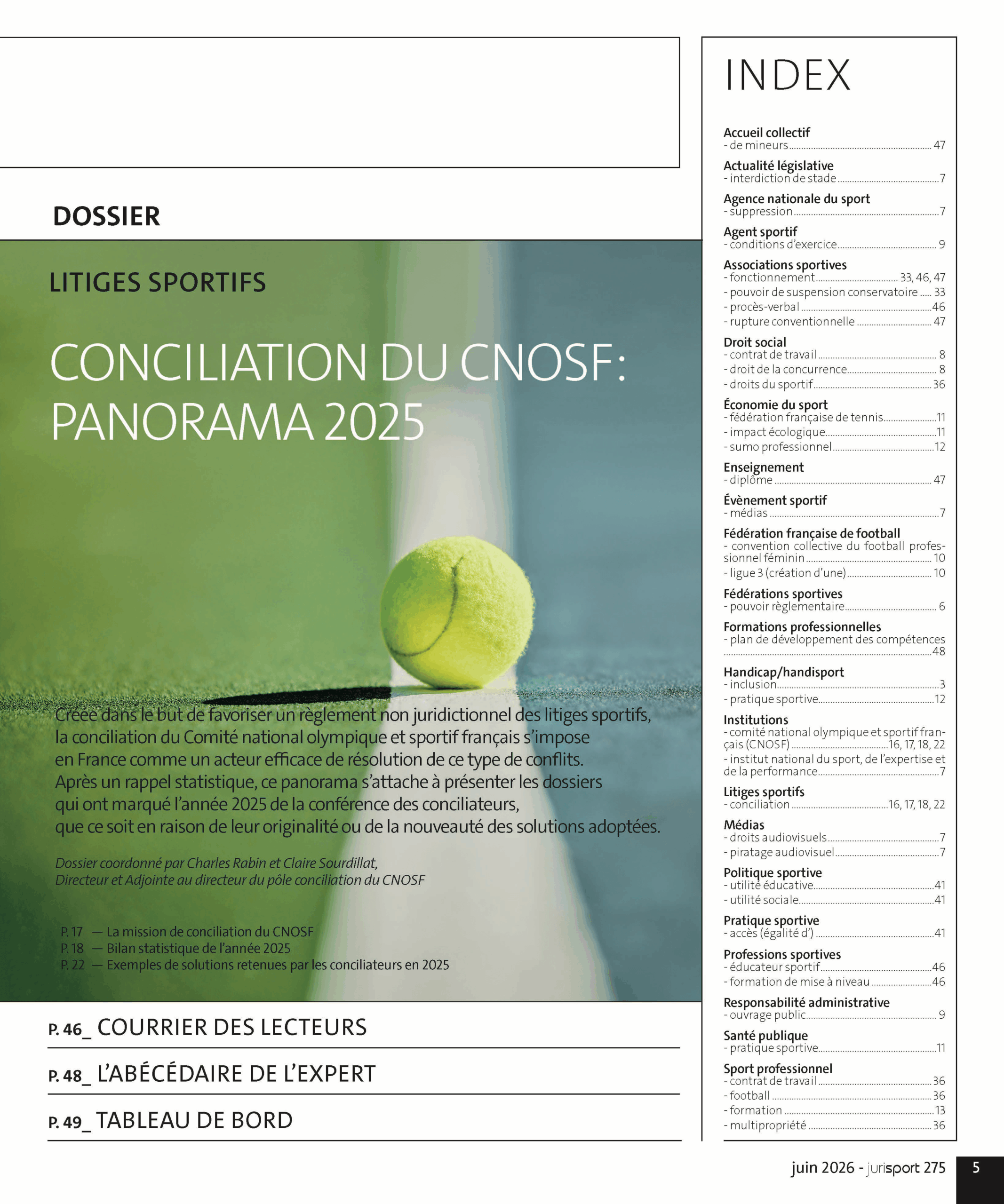 Seconde page du sommaire de Jurisport n°275 détaillant le dossier consacré à la conciliation du CNOSF, panorama 2025, ainsi que l’index thématique du numéro.