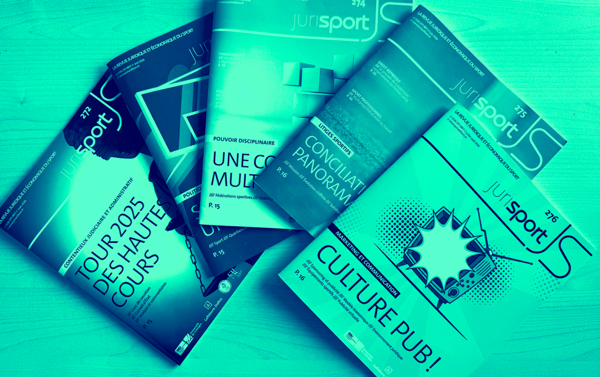Montage de plusieurs couvertures de la revue Jurisport du CDES, mettant en avant des dossiers sur le droit, l’économie, la communication et les litiges dans le sport.